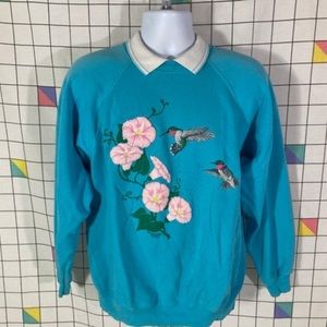 vintage Hummingbird sweatshirt w polo collar - fits XL/L grandma wildlife